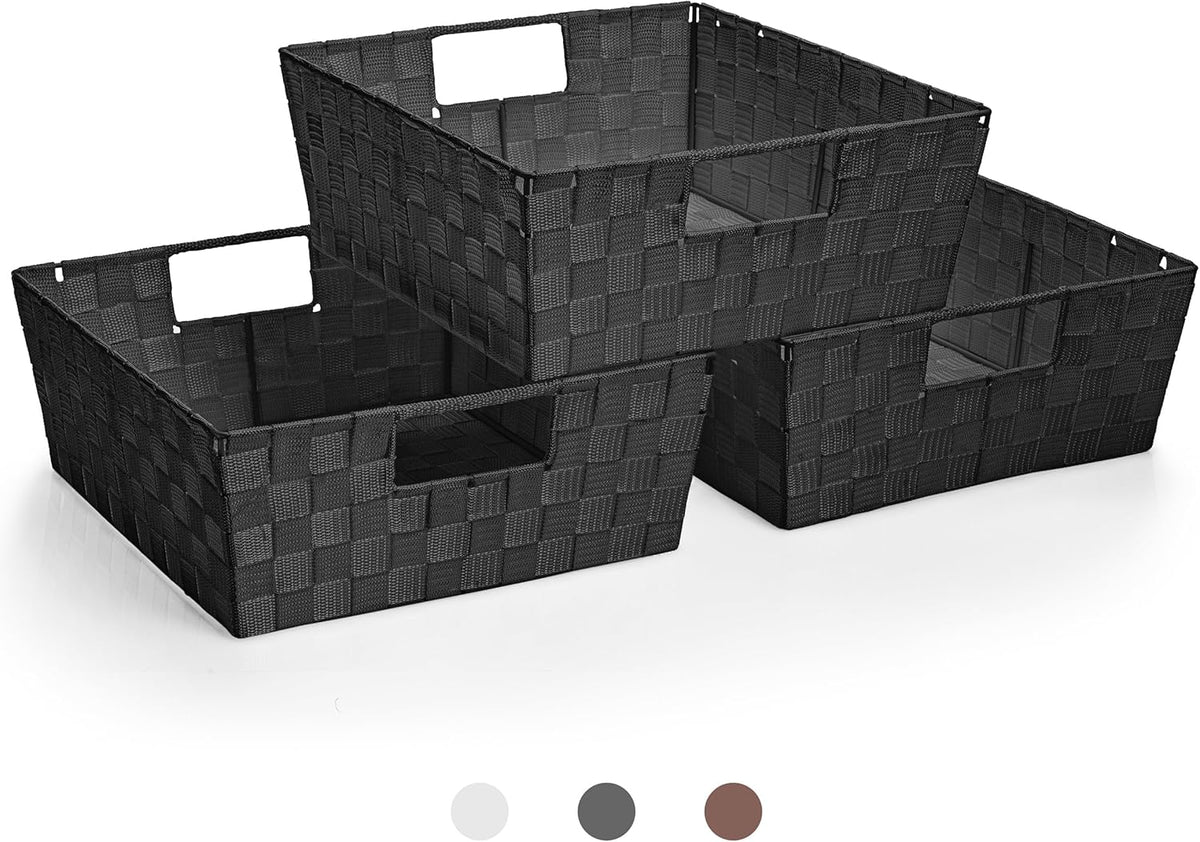 Sorbus Set of 3 Large Woven Storage Baskets – Mesh Hand-Woven Baskets for Organizing, Fabric Storage Bins for Linen Closet Organizer, Storage Baskets for Shelves and Home Organization (Black)