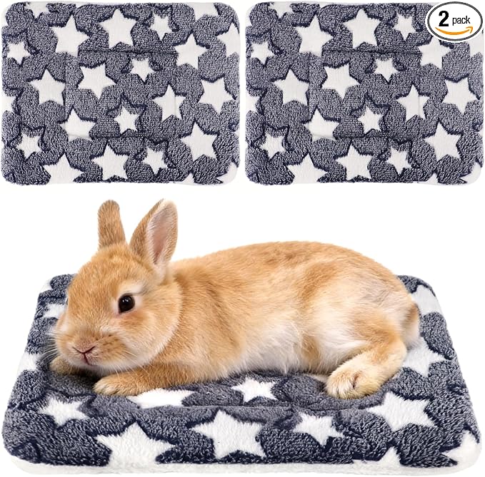 2 Pcs Bunny Bed, Washable Rabbit Bed, Double-Sided Fleece Sleeping Pad for Guinea Pig, Dwarf Rabbit, Chinchilla, Ferret, Hamster, Warm Small Animal Cage Mat, 13x10in, Gray Star