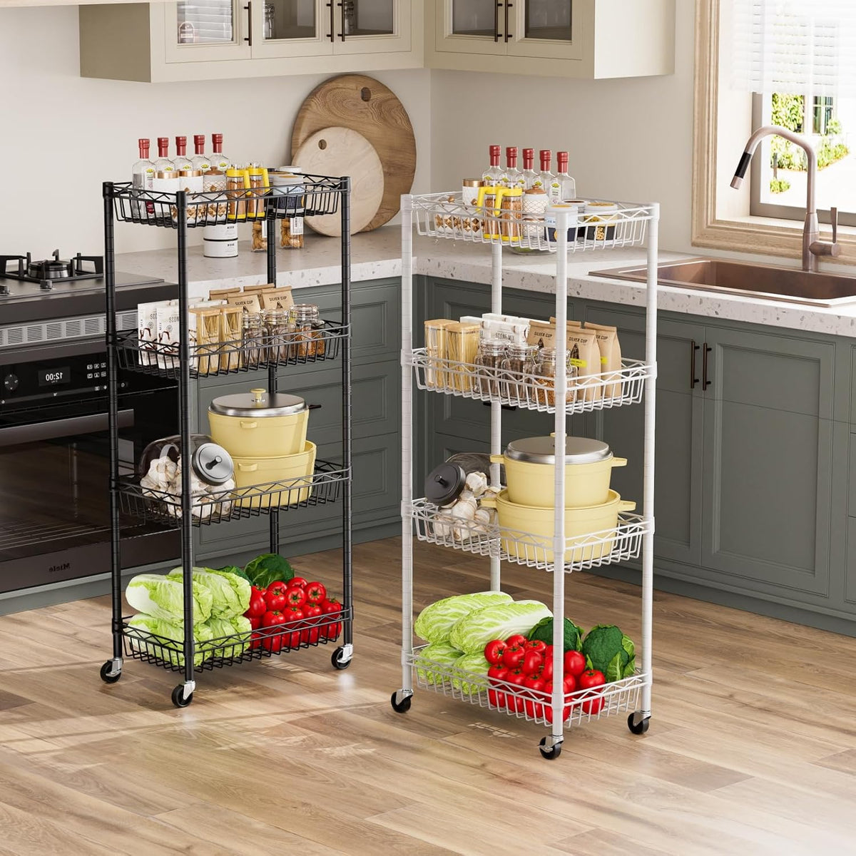 4 Tier Basket Shelf Wire Shelving Unit Adjustable Storage Shelves Big Basket Rack for Garage Kitchen Office Pantry Corner 17.2" Dx12.2 Wx50 H White