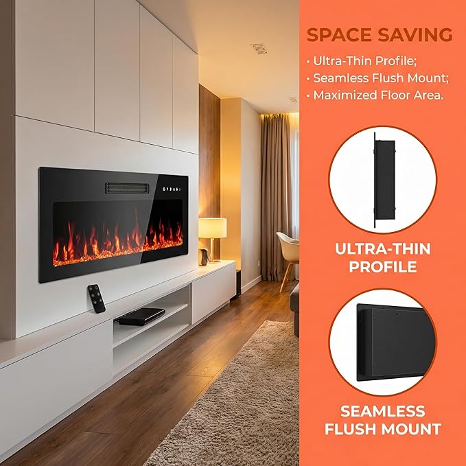 36" Electric Fireplace Insert, Wall Mounted & Recessed Heater, Slim