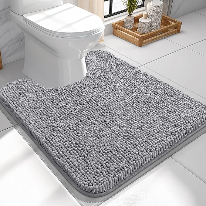 OLANLY Toilet Rugs U-Shaped 24x24, Extra Soft Absorbent Chenille Contour Bathroom Rugs for Toilet, Dry Quickly, Machine Washable, Non-Slip Bath Mat, Grey