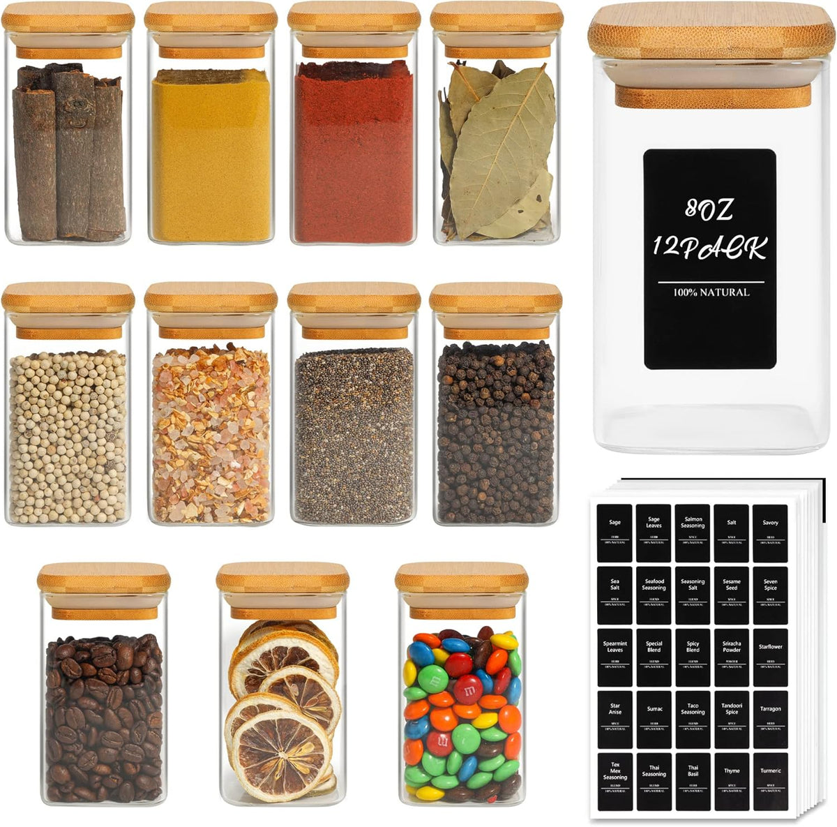 ComSaf 12Pcs Glass Spice Jars with Bamboo Lid, 8oz Airtight Square Containers with 275 Black Lables, Empty Seasoning Jars for Spice Salt Sugar