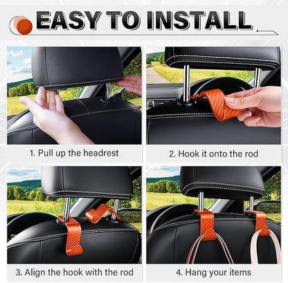 SINGARO Universal 4 Pack Car Seat Headrest Purse Hook, Carbon Fiber Back Seat Hook Storage Organizer Hanger for Purse Handbag Coat, Car Interior Accessories(Orange)