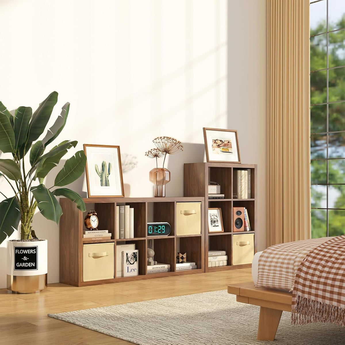 Bookshelf with Storage Bins, 16-Cube Storage Organizer Sturdy Wooden Cube Bookcase Horizontal Bookshelf with Storage, Furniture for Living Room Bedroom Office, Classic Oak