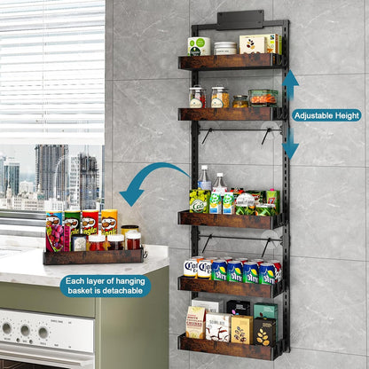 bukfen Over the Door Pantry Organizer, 6-Tier Adjustable Wooden Basket Kitchen Pantry Door Organization and Storage, Heavy-Duty Metal Hanging Kitchen Spice Rack,D6.3 x W17.71 x H50.60 inch,1 Pack