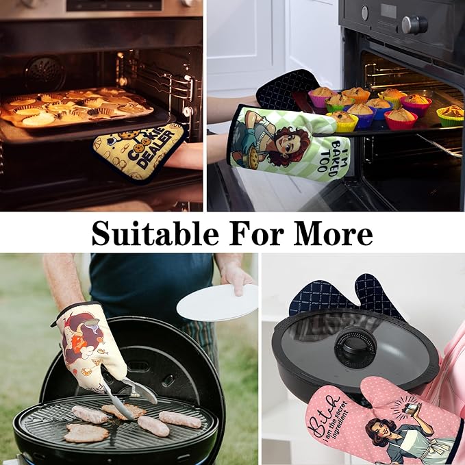 2 Pack Funny Black Cat Oven Mitts, Bonjour Mon Amour, Heat Resistant Silicone Non-Slip Mitts, Christmas Birthday Gifts for Cat Lovers, Sweet Housewarming Gifts for Hostess Mom Wife Friend