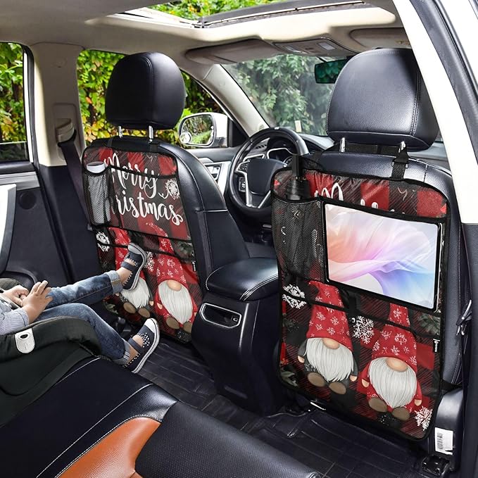 1 Pack Back Seat Car Organizer with Storage Pockets Kick Mats Back Seat Protector Hanging Car Organizer Automotive Seat Back Cover Organizers Red and Black Checkered Christmas Gnomes
