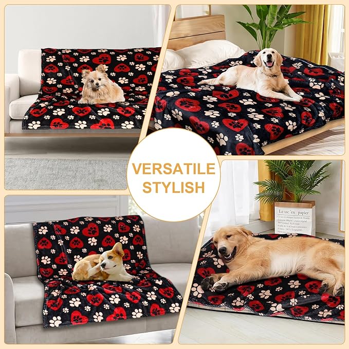 Gowyeg Dog Blankets for Large Dogs, 60"x50" Blanket Washable, Fuzzy Soft Pet Mat Throw Cover for Kennel Crate Bed, Cute Paw Pattern, Cat Blanket, Gifts Medium Small Pet Essentials, Black Red
