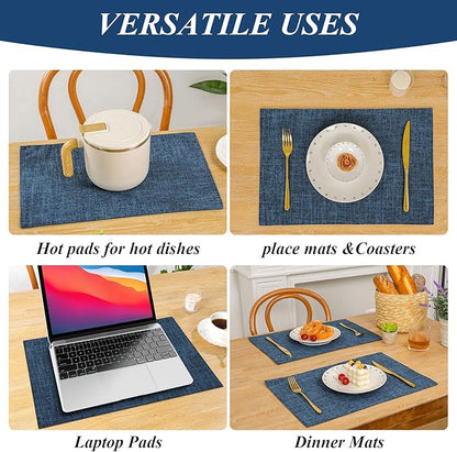 SHACOS Cloth Fabric Placemats Set of 4 Washable Non Slip Heat Resistant Table Mats Double Layer Reversible Place Mats Stain Resistant Indoor Outdoor, Dark Blue