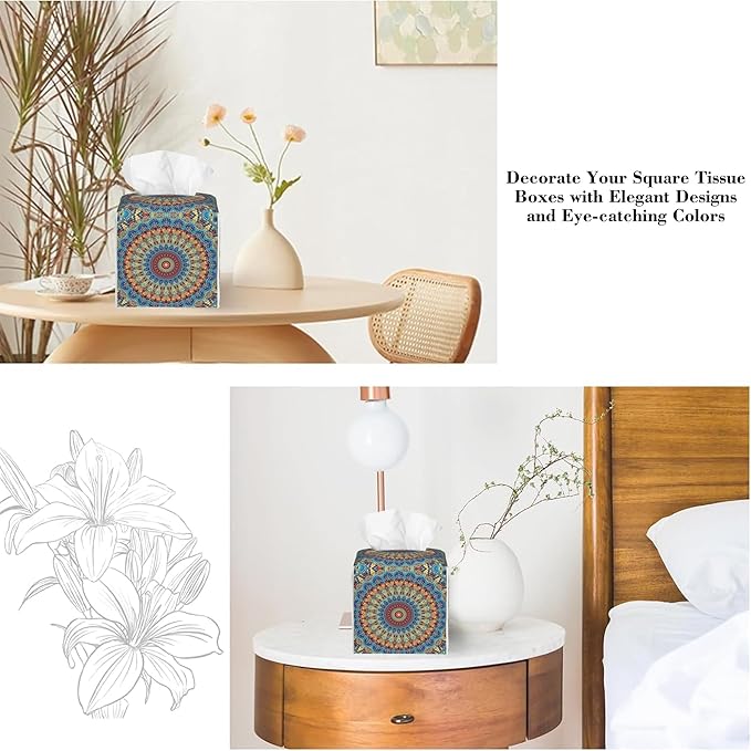 Boho Mandala Flower Tissue Box Cover,Abstract Mandala Floral Waterproof Leather Square Tissue Box Cover Case Facial Paper Organizer Dispenser Box Holder for Home Office Bathroom Vanity Countertop