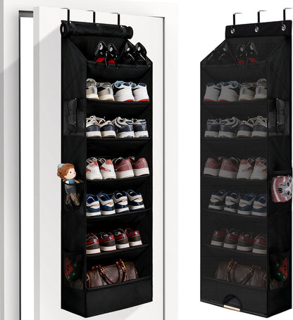 7 Tier Over The Door Shoe Organizer, Hanging Shoe Rack for Closet with Dustproof Mesh Curtain & 6 Side Pockets, Behind The Door Narrow Shoe Holder Hanger for Sneakers, Boots (Black)