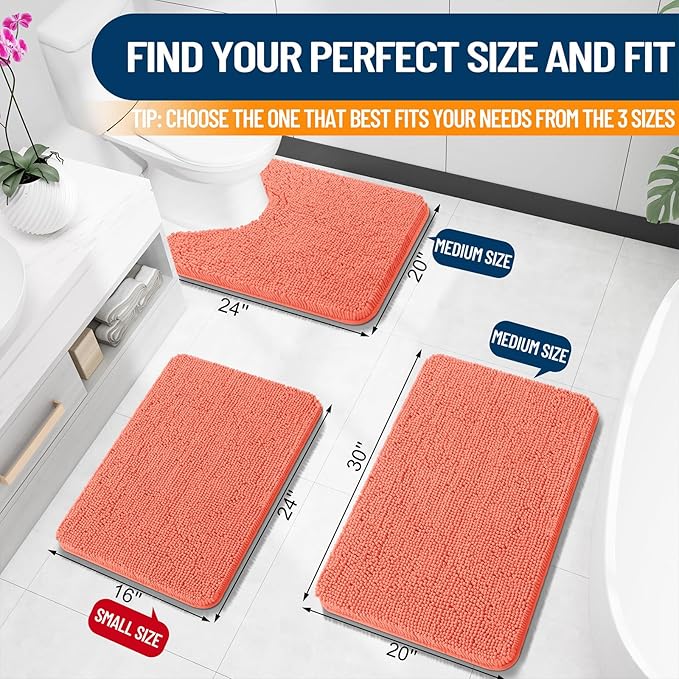 OLANLY Toilet Rugs U-Shaped 24x20, Extra Soft Absorbent Chenille Contour Bathroom Rugs for Toilet, Dry Quickly, Machine Washable, Non-Slip Bath Mat, Coral