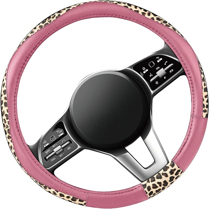 Road Comforts Steering Wheel Cover - Made with PVC Leather and Leopard Fabric - Universal 14 1/2 inches to 15 inches for Most Automotive Steering Wheel - Cheetah Print -Pink