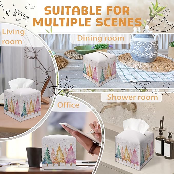 Christmas Tissue Box Holder, Colorful Christmas Tree Leather Tissue Box Cover Square, Paper Facial Decorative Tissues Cover for Night Stands Bathroom Kitchen Office Car Home Decor-B18