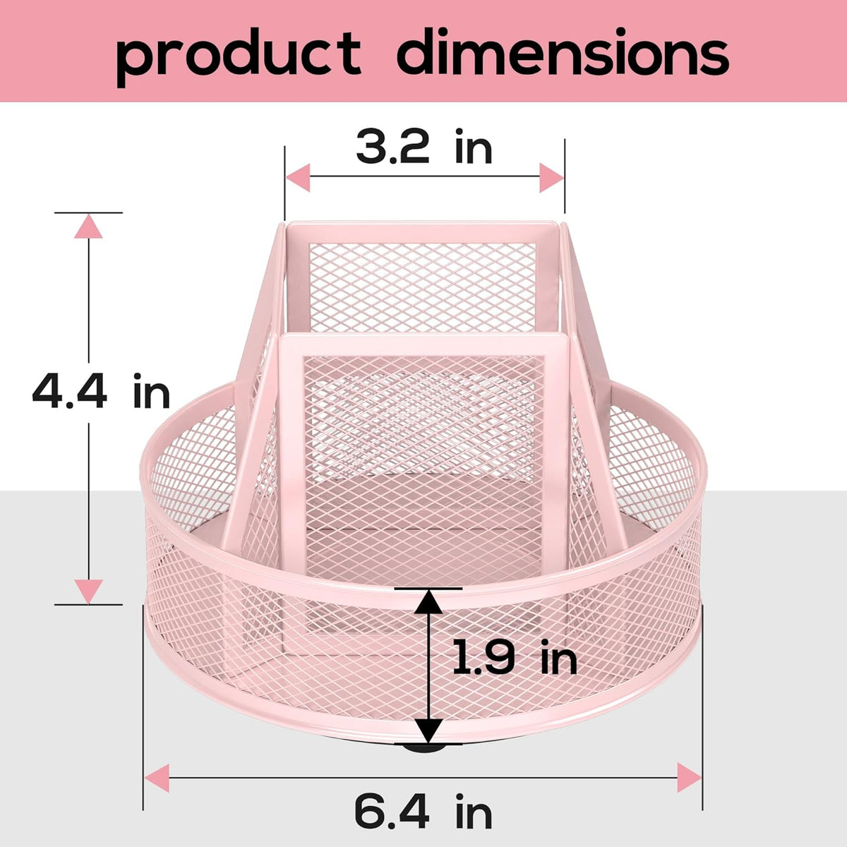 YINGHUA Metal Mesh Desk Organizer with 5 Compartments and Rotating Pencil Holder Pen and Stationery Organizer for Office Home School Anti Slip Base Pink