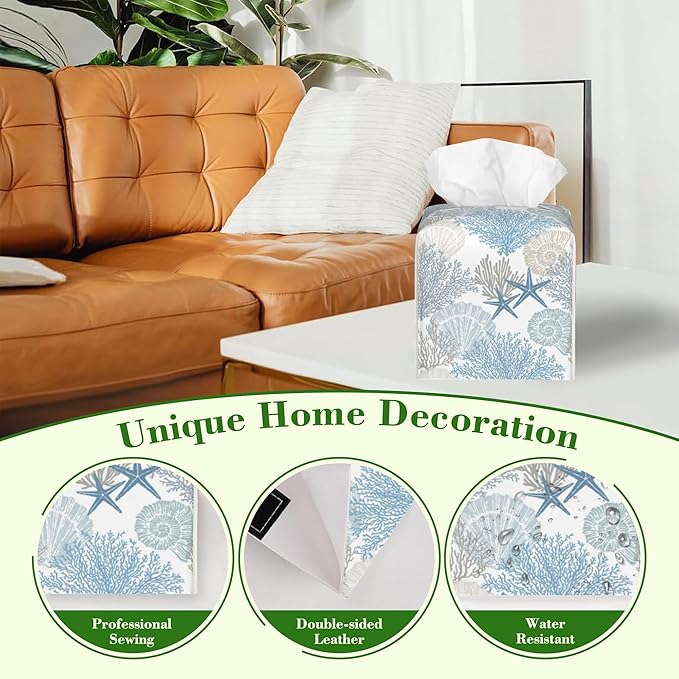 Retro Starfish Seashell Corals Tissue Box Cover Square Leather Tissue Holder Waterproof Facial Paper Organizer Dispenser Cube Paper Cover Case for Home Office Bathroom Vanity Countertop