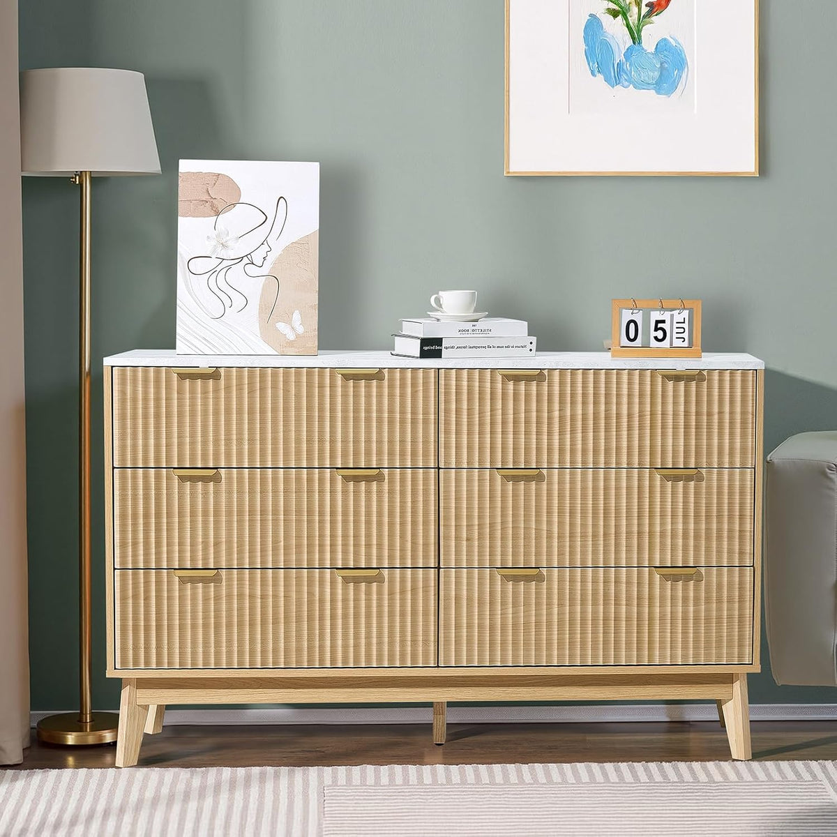 VEVOR Fluted 6 Drawer Dresser, 54" Wide Chest of Drawers with Faux Marble Top, Modern Dresser TV Stand, Wooden Closet Clothes Storage Organizer for Bedroom, Living Room, Hallway, Entryway, Natural Oak