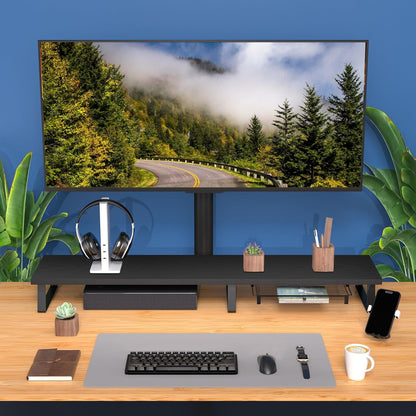 Aothia Large Dual Monitor Stand Riser - Monitor Stand For 2 Monitors, Monitor Stand With Drawer,Desk Shelf For Monitor, Wood Monitor Riser Stand with Storage Organize For Pc,Tv,Laptop,Screen (Black)