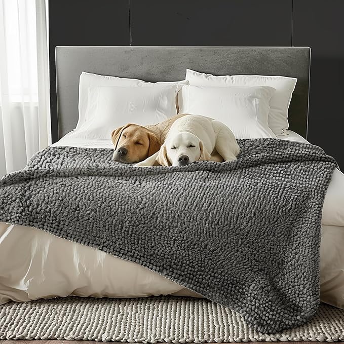 Muddy Mat® Dog Blanket - Chenille Water Absorption Blanket for Bed & Couch Cover for Dogs Washable, Anti-Slip Soft and Durable Furniture Protector for Dogs - Grey 29"x40"