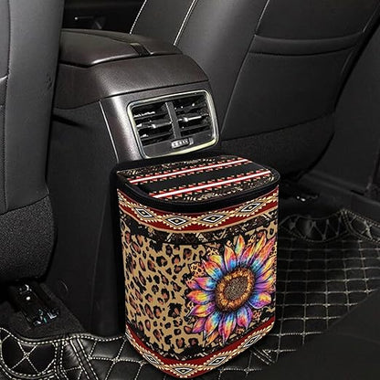 Aztec Sunflower Car Trash Can Auto Garbage Bag with Lid Leak-Proof Car Storage Bag Garbage Bag Hanging for Headrest Portable Vehicle Backseat Organizer