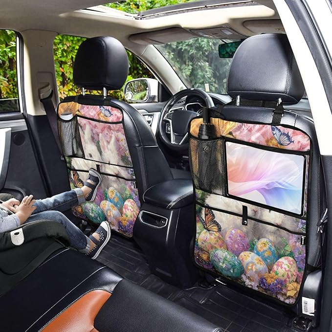 1 Pack Back Seat Car Organizer with Storage Pockets Kick Mats Back Seat Protector Hanging Car Organizer Automotive Seat Back Cover Organizers Easter Bunny Eggs Sunlowers