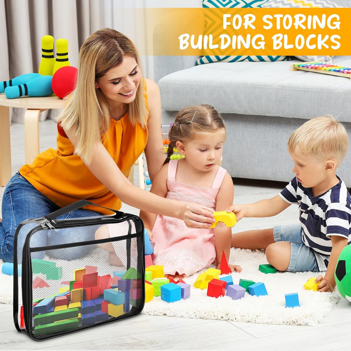 8 Packs Toy Storage Bags with Zipper, Clear PVC Organizing Bags, Reusable Toy Storage Organizer with Portable Handle, Travel Waterproof Organizer Bags for Building Blocks, Puzzle, Toys and Books