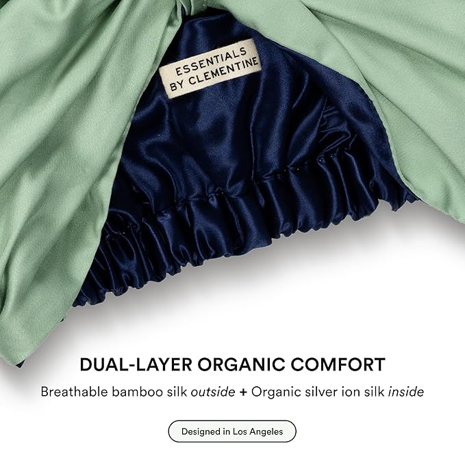 Essentials by Clementine Organic Hair Bonnet in Match Point Green | Silver Ion Silk Lined Bamboo Sleep Cap for Frizz-Free, Curly Hair, and Scalp Health