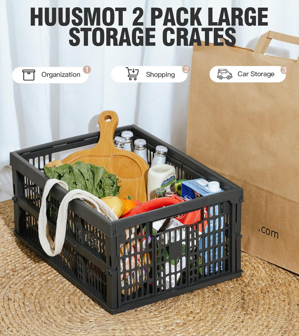 2-Pack Pastel Plastic Storage Baskets, Collapsible Crates for Organizing, Space-Saving Bins for Classroom, Kitchen, Office, Bedroom (Dark Grey, 19" x 13" x 9")