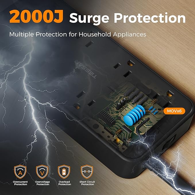 2000J Surge Protector Power Strip, TESSAN 5 FT Extension Cord