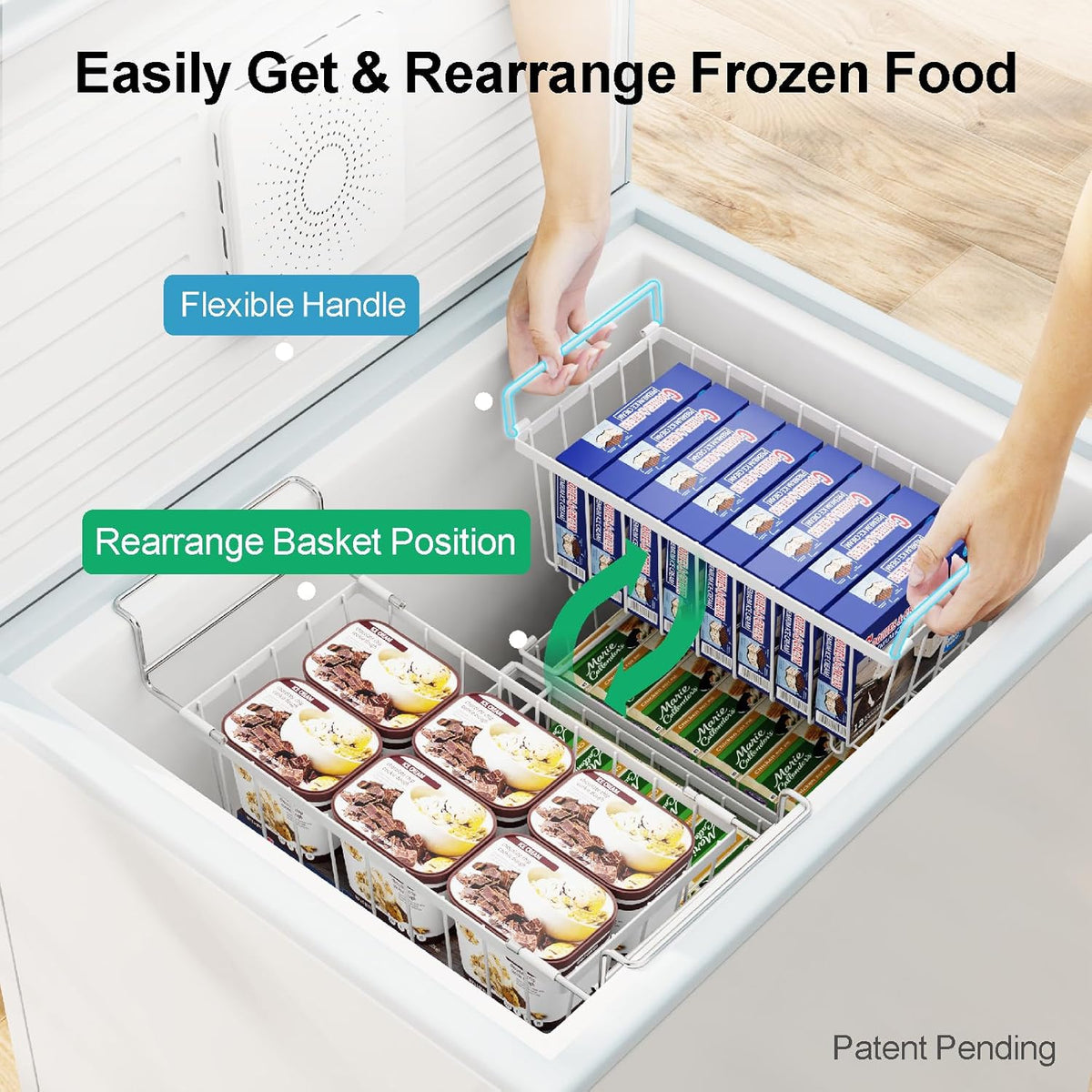 iSPECLE Freezer Organizer Bins - Expandable from 15.8" to 18.1", Fit 7 Cu.Ft Deep Freezer, Hanging Baskets for Chest Freezer, Easy Slide Access, 2 Pack, White