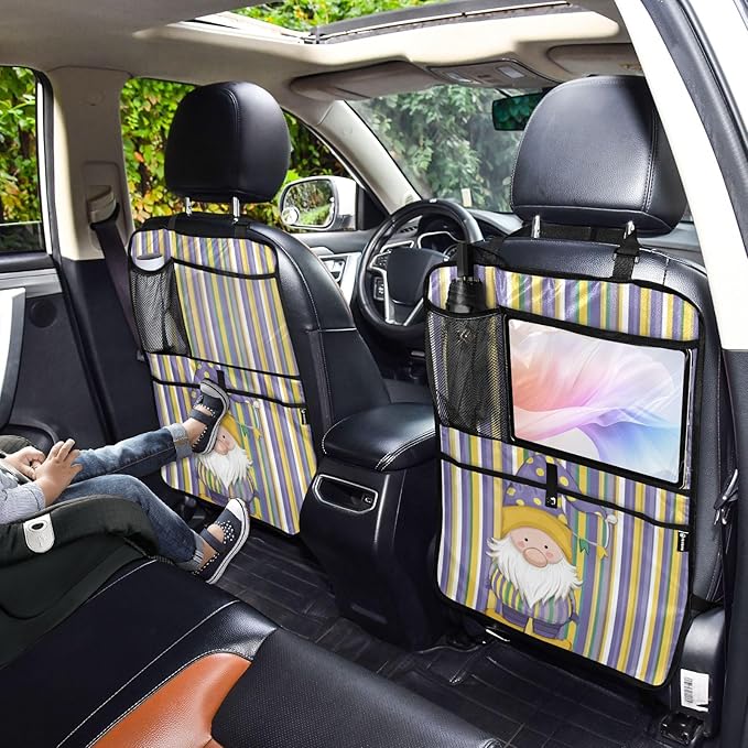 1 Pack Back Seat Car Organizer with Storage Pockets Kick Mats Back Seat Protector Hanging Car Organizer Automotive Seat Back Cover Organizers Stripe Mardi Gras Gnome