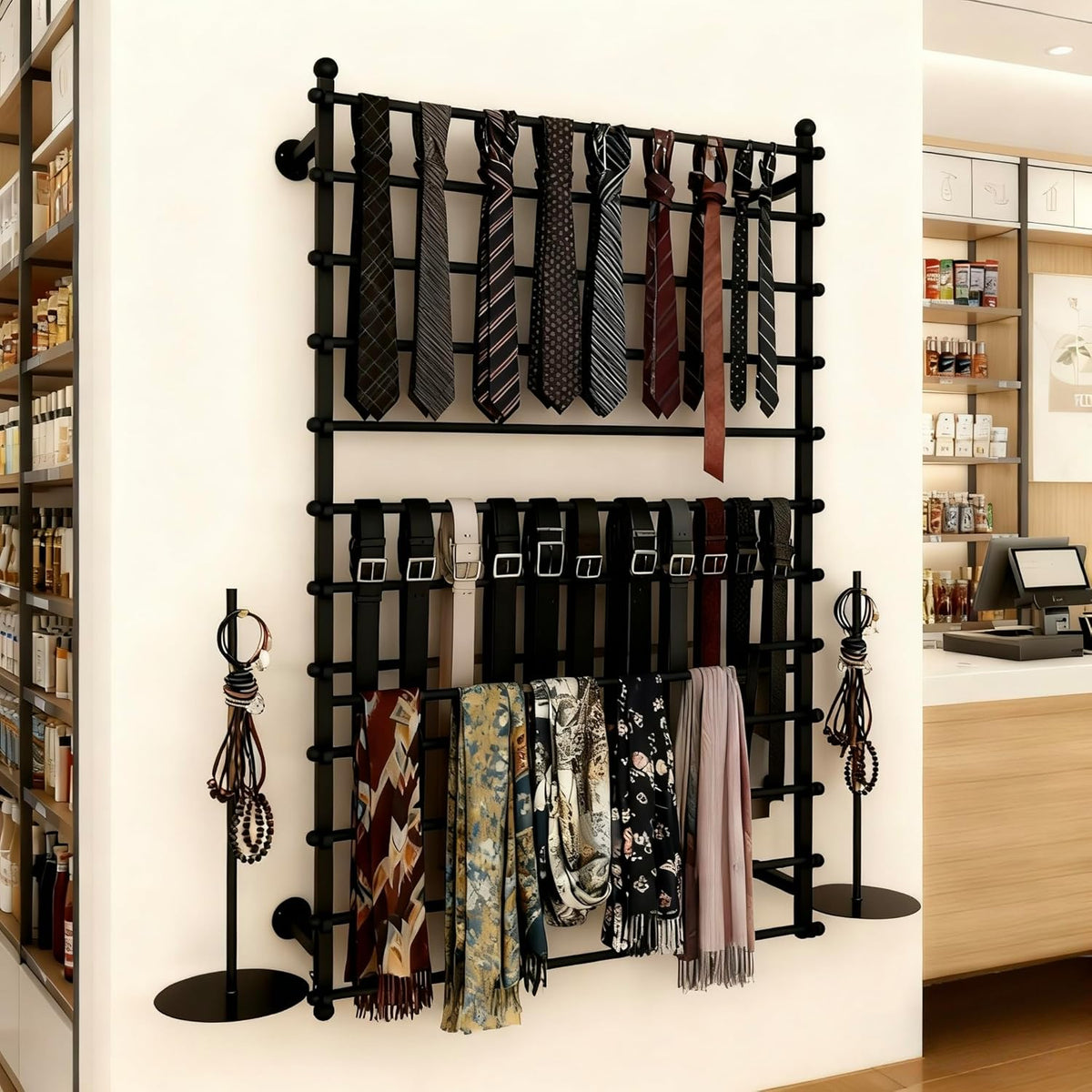 12 Layers 80cm Black Wall Display Stand Wrapping Paper Ribbon Organizer Tie Scarf Rack Belt Towel Holder Spool Hijab Stand Metal Shelving for Home, Retail Stores, Flower Shop, Studio, Sewing