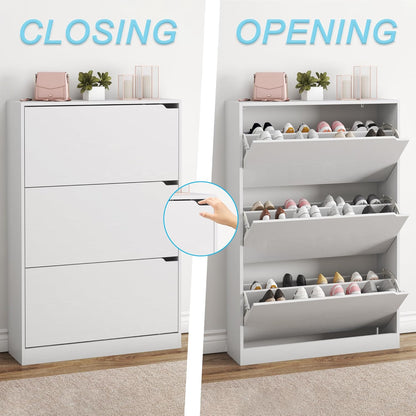 Shoe Cabinet with 3 Flip Drawers, Hidden Wood Shoe Cabinet,Freestanding Shoe Storage Cabinet for Entryway Hallway.White. 47.2" H*31.5" W*9.45" D.
