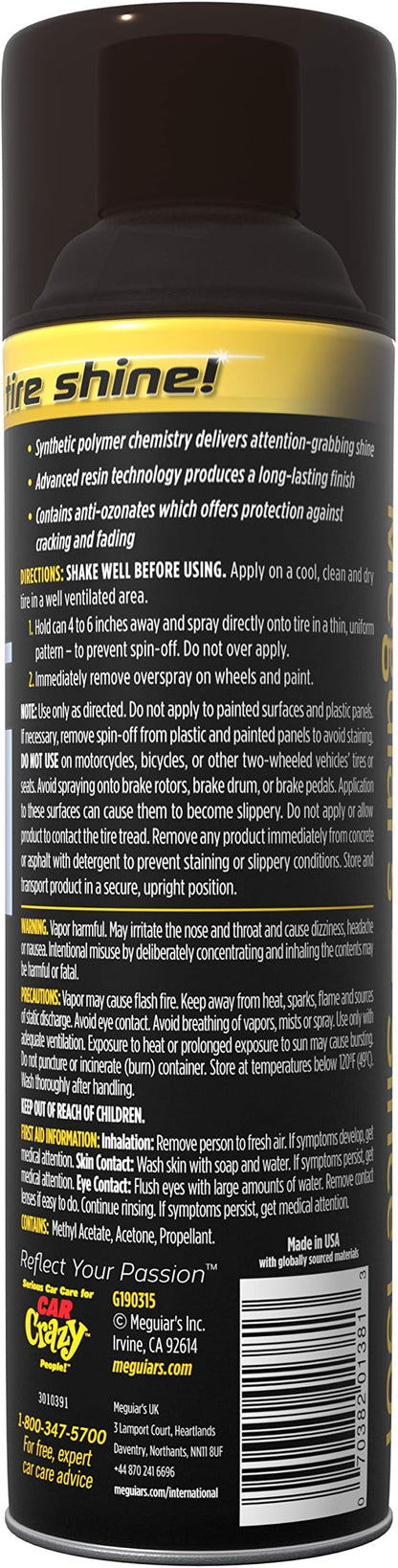 Meguiar's G190315 Ultimate Insane Shine Tire Coating, gives a Finish that Creates a Lasting Wet-Look for a Classic Black Shine, Easy to Use, No Hassle, No Mess, Ultimate Protection, 15 Oz Aerosol Can