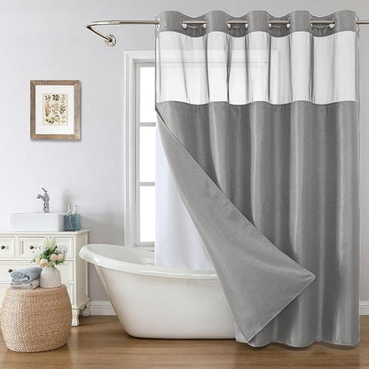 eachope Long No Hook Shower Curtain with Snap-in Fabric Liner Set,Grey Waffle Weave Shower Curtains for Bathroom,Hotel Luxury Decor Bathroom Curtain Set,Waterproof & Washable,71Wx80H