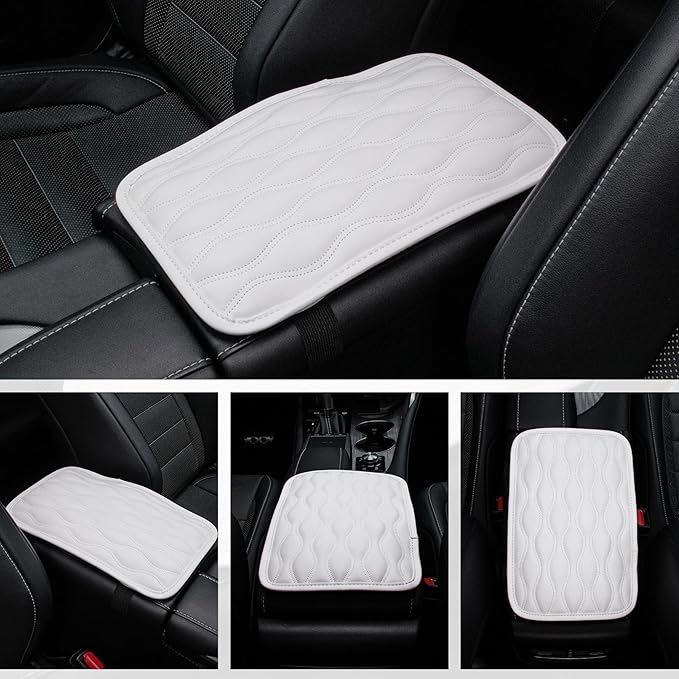 Amiss Auto Center Console Pad, Universal Waterproof Car Armrest Seat Box Cover, Car Interior Accessories, Leather Auto Armrest Cover Protector for Most Vehicle, SUV, Truck, Car (White)