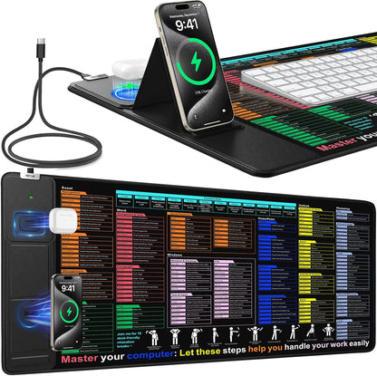 Mouse Pad with Excel Shortcut Keys, Desk Pad with Wireless Charger & Phone Stand, XXL Large Cheat Sheet Mousepad | PC Office Spreadsheet Keyboard Mat | Non-Slip Stitched Edge for Home Office Work