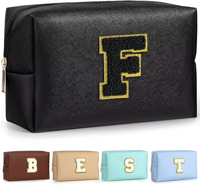 TOPEAST Preppy Makeup Bag, Small Cosmetic Travel Bags for Women, PU Leather Waterproof Toiletry Bag with Zipper, Personalized Birthday Gift for Women Girl, Preppy Gifts for Girl (Black F)