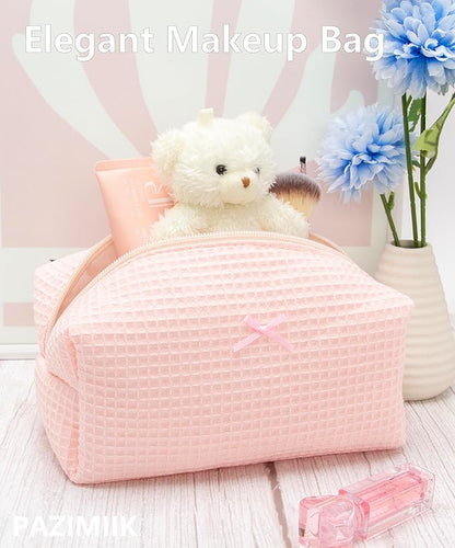 PAZIMIIK 2PCS Cozy Makeup Bag Travel Cosmetic Bag for Women Soft Toiletry Bag Aesthetic Makeup Organizer Portable Large Zipper Pouch for Skincare Beauty Accessories Brushes Waffle Check Light Pink