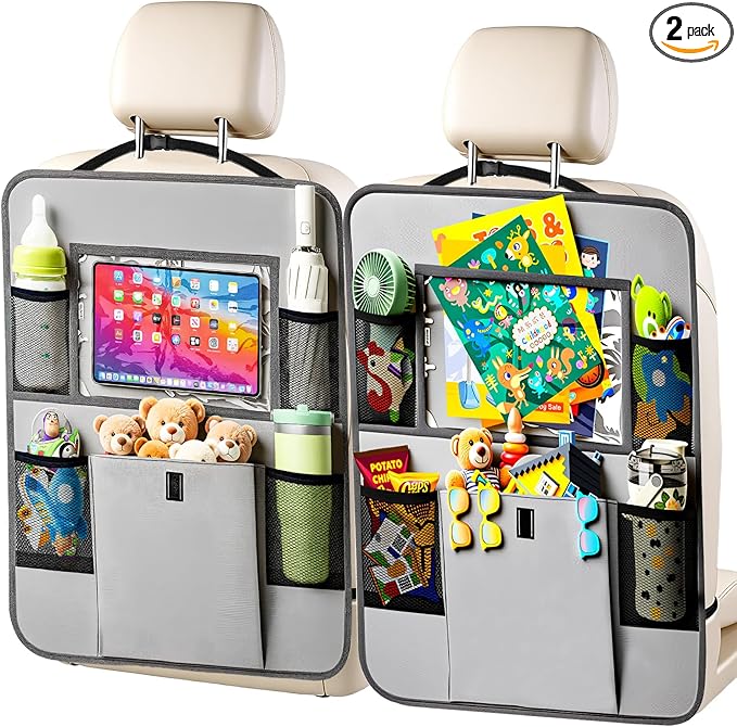 Car Backseat Organizer with Tablet Holder, 6 Storage Pockets Seat Back Protectors Kick Mats for Kids, Car Seat Protector for Road Trips 2 Pack (Grey)