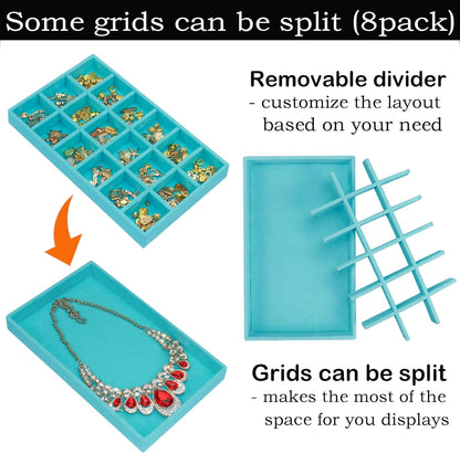 12 Pack Stackable Velvet Jewelry Organizer Trays for Drawers Earring Organizer Inserts Necklace Storage Ring Bracelet Display Case, 216 Grids, Blue