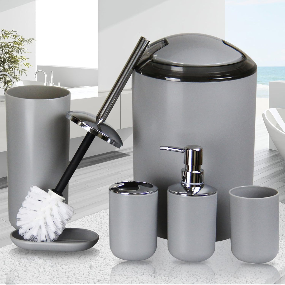 IMAVO Bathroom Accessories Set,Grey Bathroom Set,7 Pieces Bathroom Accessory Set,Tray,Toilet Brush,Trash Can for Bathroom Décor and Housewarming Gifts