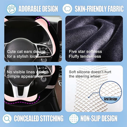 Furry Cute Steering Wheel Cover, Soft Fluffy Short Plush Auto Accessories, Non-Slip Cold-Proof Sweat-Proof Colorfast, Universal 15 inch(Black with Pink)