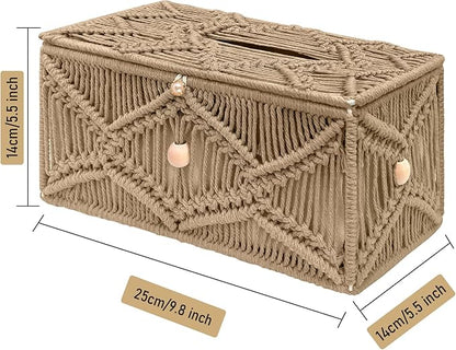 KaloKalo Handmade Tissue Box Cover Rectangle Decorative Macrame Boho Tissue Holder Cotton Rope Woven Napkin Facial Paper Organizer Bohemian Desk Storage Container with Buckle Wood Beads (Khaki)