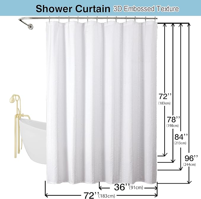Aiyufeng Moga White Extra Long Shower Curtain 72 x 84, 3D Embossed Textured Fabric Shower Curtain for Bathroom, Water Repellent, Machine Washable, White