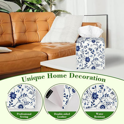 Blue and White Floral Tissue Box Cover,Abstract Boho Flowers Botanical Waterproof Leather Square Tissue Box Cover Case Facial Paper Organizer Dispenser Box Holder for Home Office Bathroom Vanity