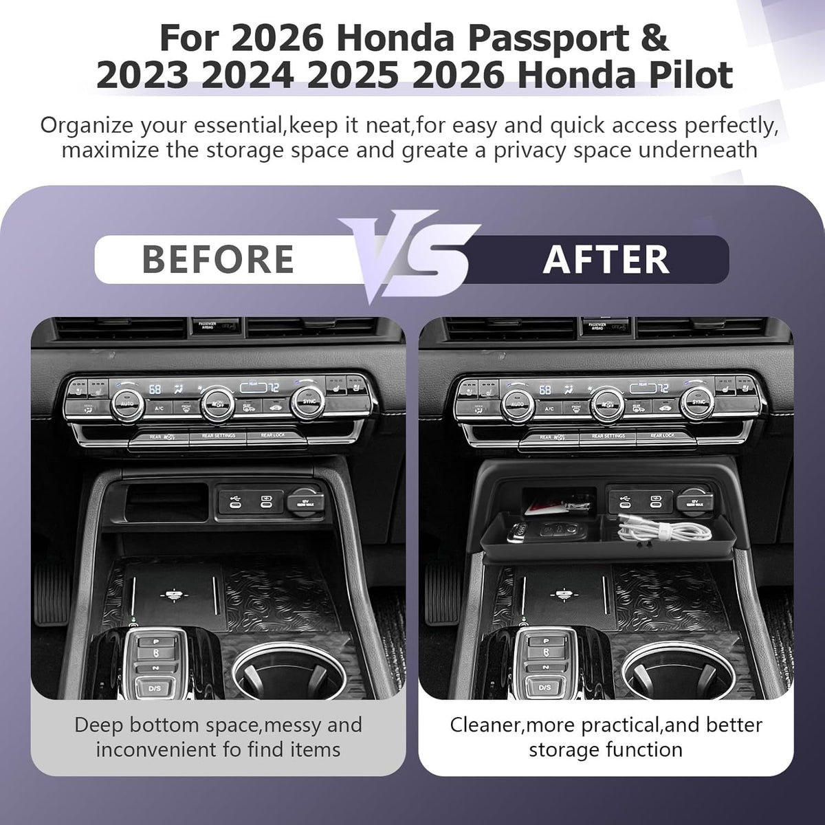 LUWU 2026 Honda Passport Accessories Compatible with 2023 2024 2025 2026 Pilot & 2026 Passport Center Console Organizer, Armrest Storage Box Tray Organizer Insert Tray 2025 Pilot Accessories Black