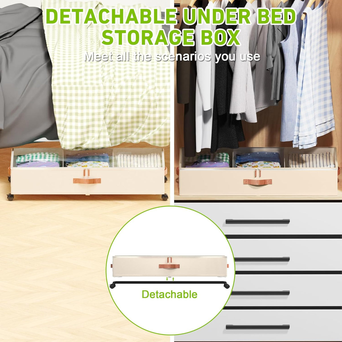 Under Bed Storage with Wheels, 2 Pack Under Bed Storage Containers with Dividers & Clear Lids, Under the bed storage Organizer Bins,Underbed Storage with Wheels for Clothes,Toys,Shoes (White, 2 Pack)