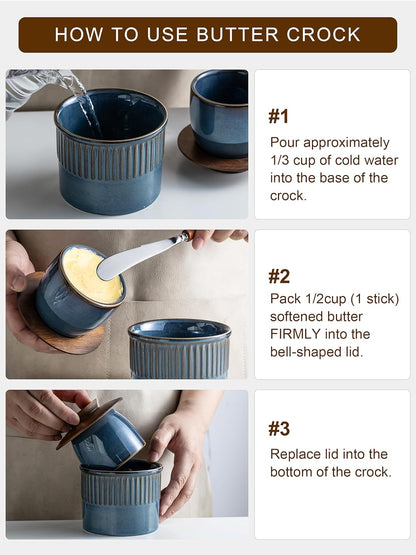 Ceramic Butter Dish with Lid, Butter Crock for Countertop, French Butter Keeper, Elegant Embossed Pattern, Blue