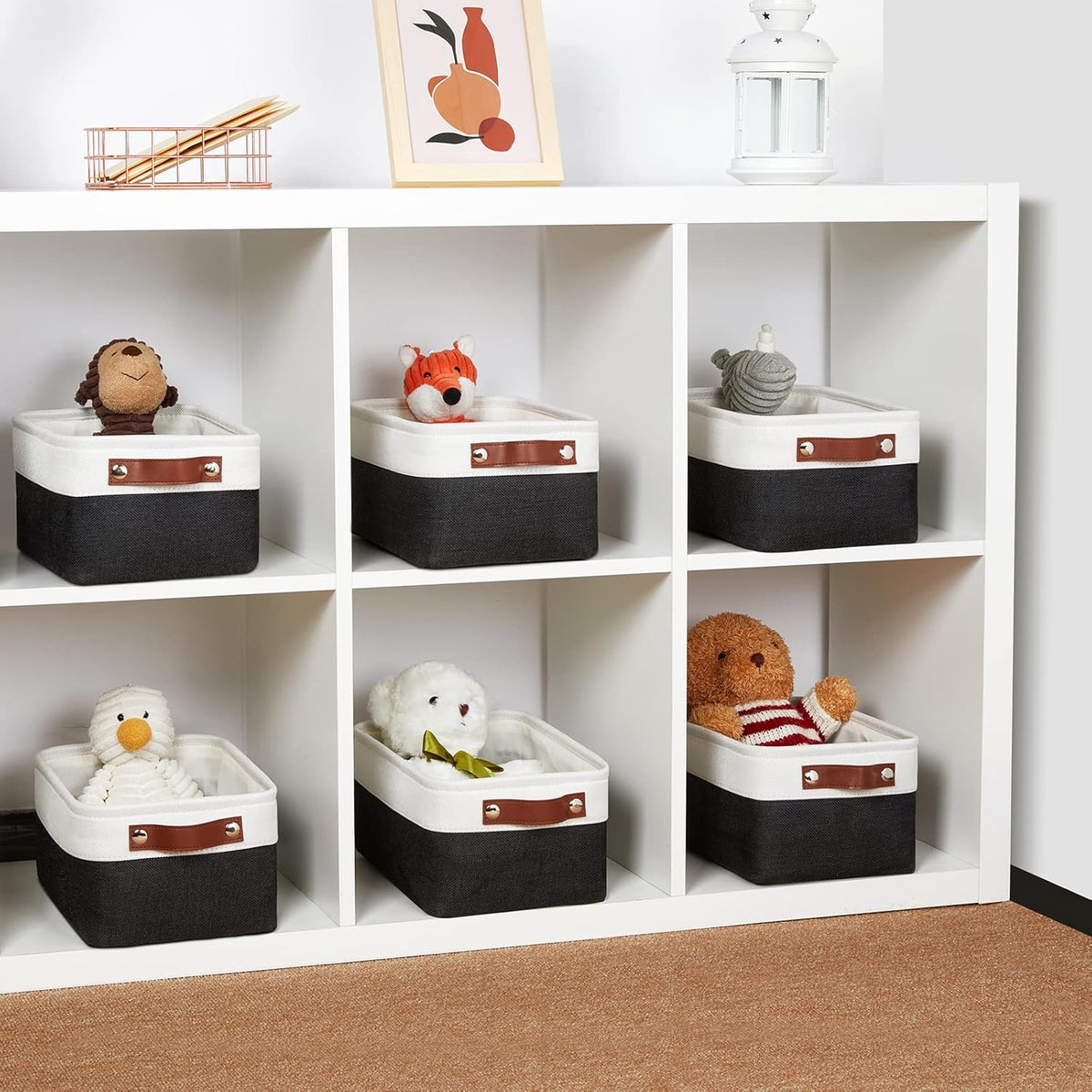 DULLEMELO Small Storage Baskets 6 Pack, Fabric Collapsible Gift Storage Baskets for Shelves, Closets, Nursery, Home, Office Organizing,Small Canvas Linen Rectangular Storage Bins (White&Black)
